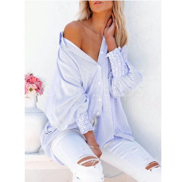 Striped White Blue Loose Fitting Button Up Shirt Long Sleeve - Picture 1 of 13